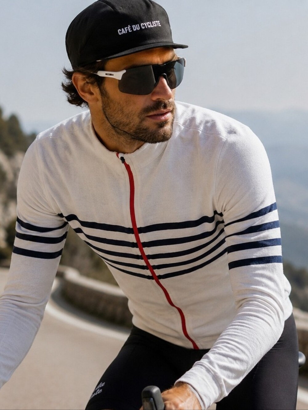 Cafe du Cycliste Mens XL Cycling Jersey Wool Blend Full Zip White Navy Stripe